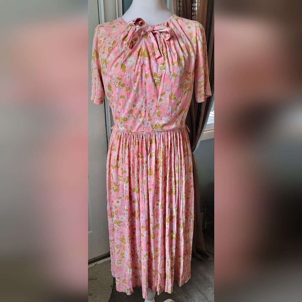 60s Vintg Midi Dress Womens 4 Pink Purple Tan Retro Floral Full Skirt Bow Detail